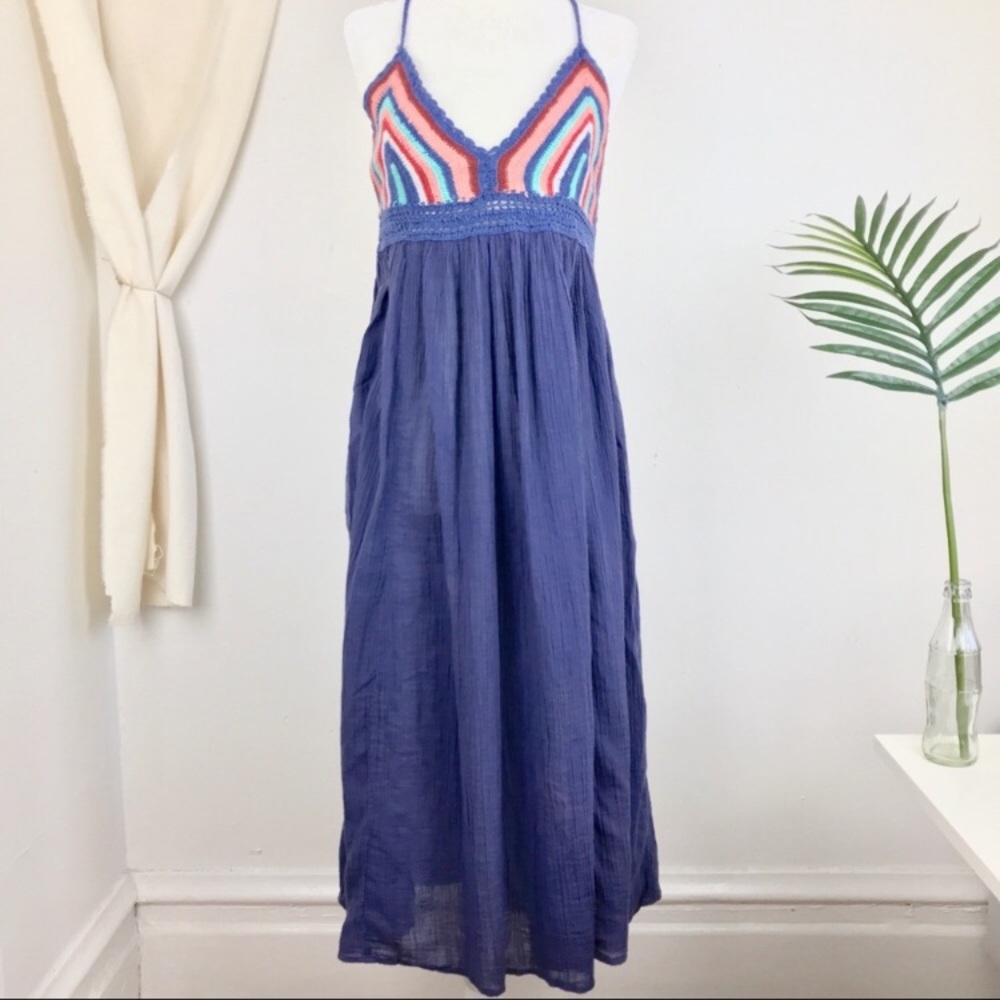 aerie Crochet Blue Gauze Strappy Back Maxi Dress